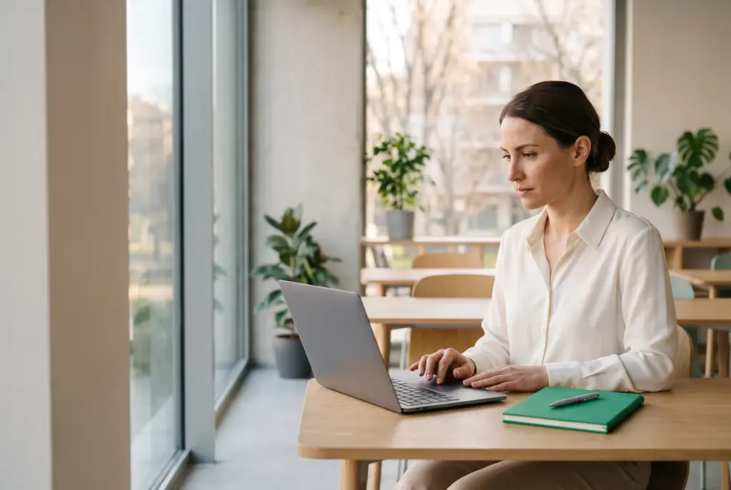 Immagine generata con IA: una donna concentrata svolge una prova al computer portatile in un’aula luminosa, accanto a un quaderno verde.