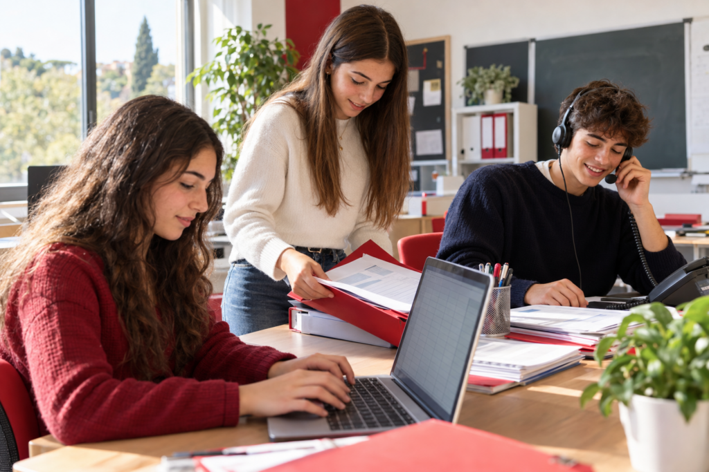 Immagine generata con IA: Collaborazione in aula tra laptop e cartelle