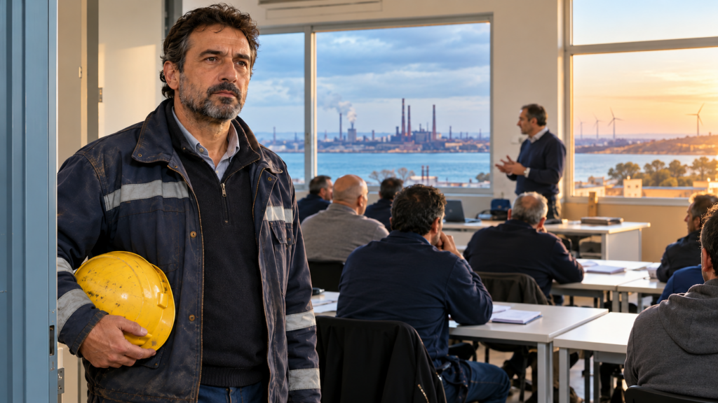 Immagine generata con IA: Operaio in aula con vista su Taranto