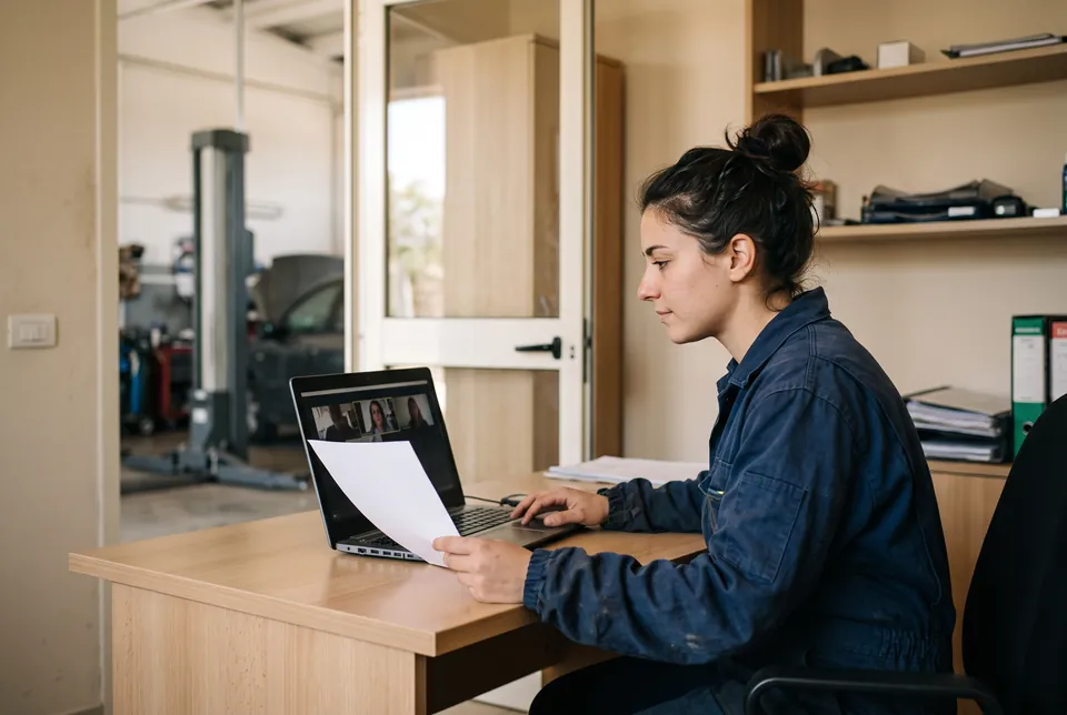 Immagine generata con IA: nell'ufficio di un'officina un'apprendista in tuta da lavoro segue una lezione in videoconferenza al portatile.