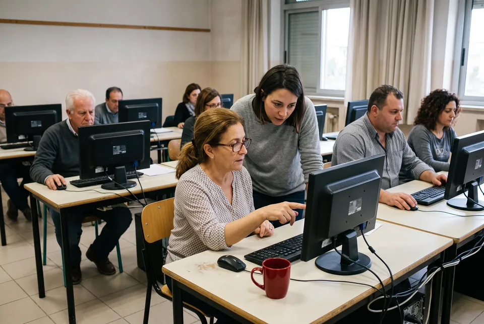 Immagine generata con IA: in un'aula di informatica per adulti, una docente si china accanto a una corsista che le indica il suo schermo.