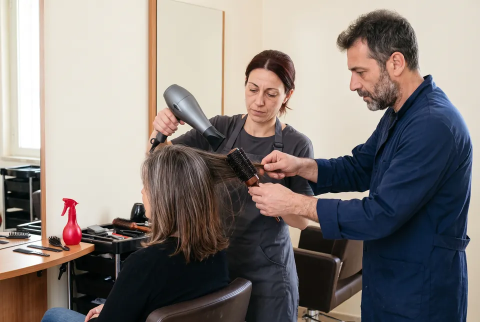 Immagine generata con IA: un'apprendista acconciatrice asciuga con phon e spazzola i capelli di una cliente, mentre l'insegnante le mostra come tenere la spazzola.