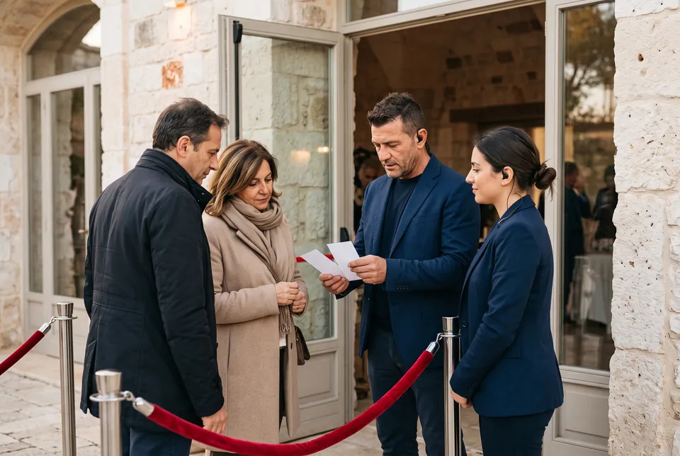 Immagine generata con IA: due addetti ai servizi di controllo con l'auricolare guardano i biglietti di due ospiti all'ingresso di una sala per eventi.