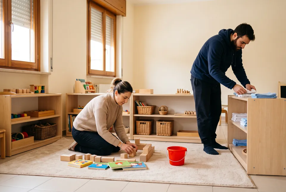Immagine generata con IA: un'educatrice sistema costruzioni di legno e libri su un tappeto e un educatore piega gli asciugamani, in un'aula di asilo nido ancora vuota.
