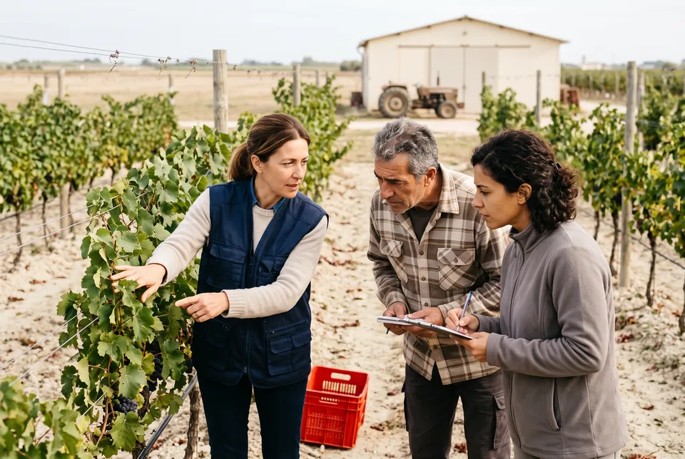 Immagine generata con IA: una docente agronoma indica le foglie di un filare di vite a due corsisti che prendono appunti, in un'azienda agricola.