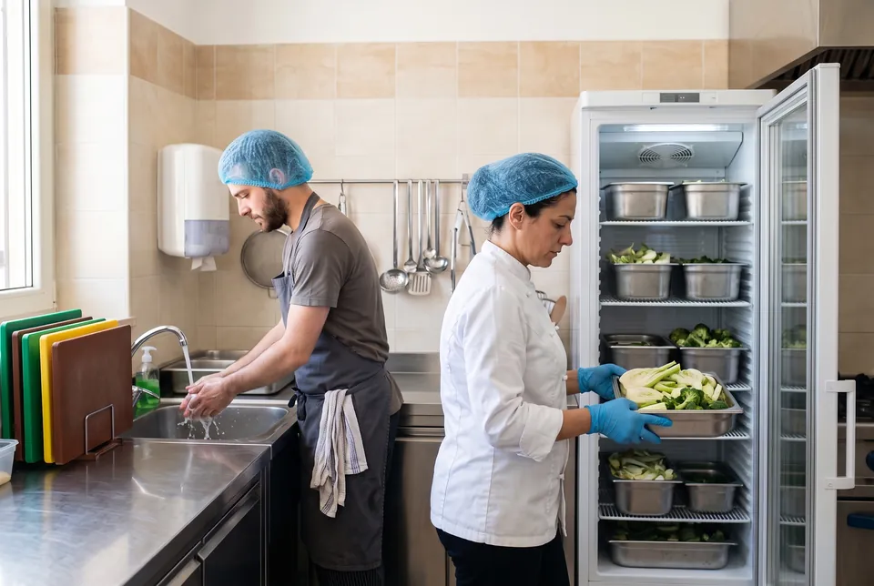 Immagine generata con IA: in una cucina una cuoca con cuffia e guanti ripone verdure in contenitori chiusi nel frigorifero, mentre un aiuto cuoco con la cuffia si lava le mani.