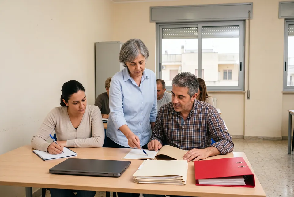 Immagine generata con IA: in un'aula d'ufficio una formatrice indica un fascicolo a un corsista, mentre una corsista prende appunti.