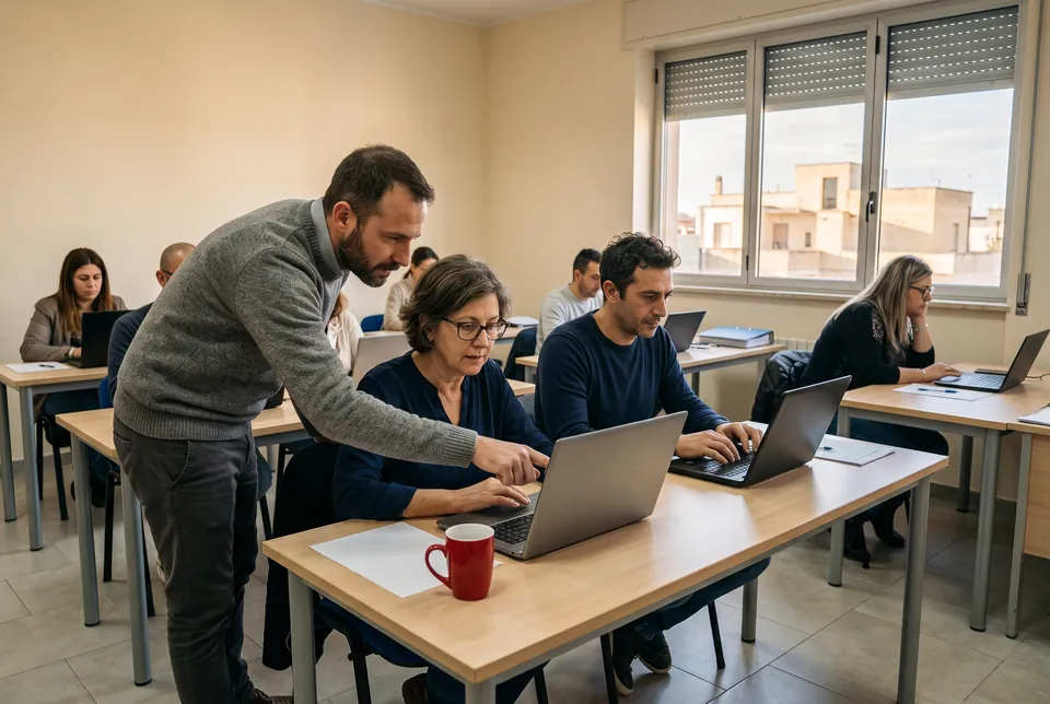 Immagine generata con IA: in un'aula di informatica un formatore indica lo schermo a una corsista; accanto, un corsista lavora al portatile.