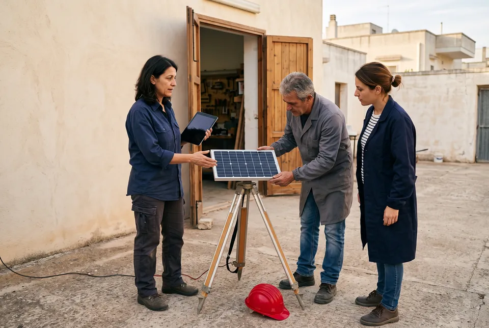 Immagine generata con IA: una formatrice e due corsisti esaminano un piccolo pannello fotovoltaico didattico montato su un cavalletto, nel cortile di un centro di formazione.