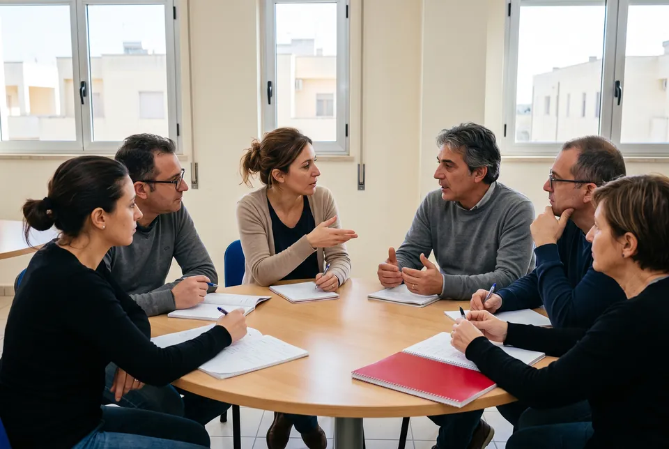 Immagine generata con IA: cinque corsisti adulti e un'insegnante conversano attorno a un tavolo rotondo in un'aula luminosa.
