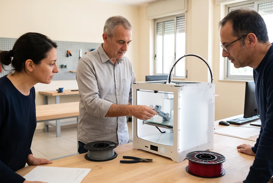 Immagine generata con IA: in un laboratorio un formatore estrae un pezzo appena stampato da una stampante 3D, osservato da due corsisti.