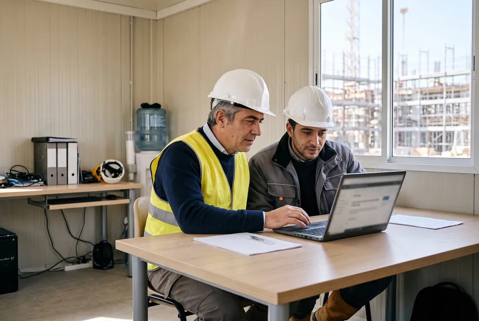 Immagine generata con IA: in un ufficio di cantiere un capocantiere e un collega con il casco seguono una lezione online sulla sicurezza al portatile.