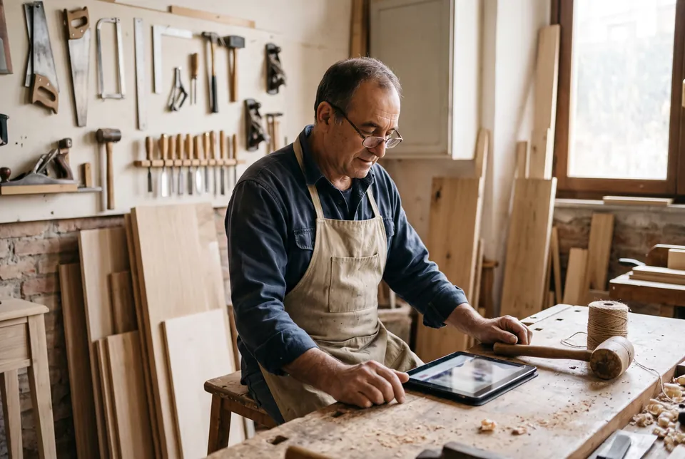 Immagine generata con IA: il titolare di una falegnameria segue una lezione online sulla sicurezza su un tablet, seduto al banco della sua bottega.
