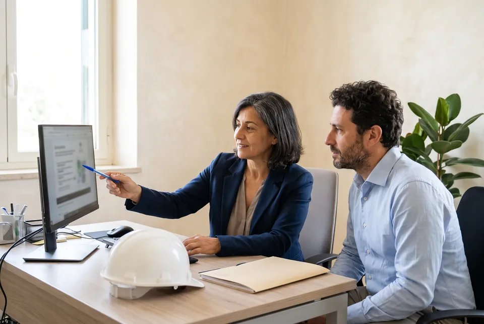 Immagine generata con IA: in un ufficio una dirigente e un collega seguono insieme una lezione online sulla sicurezza al monitor, con un casco bianco sulla scrivania.