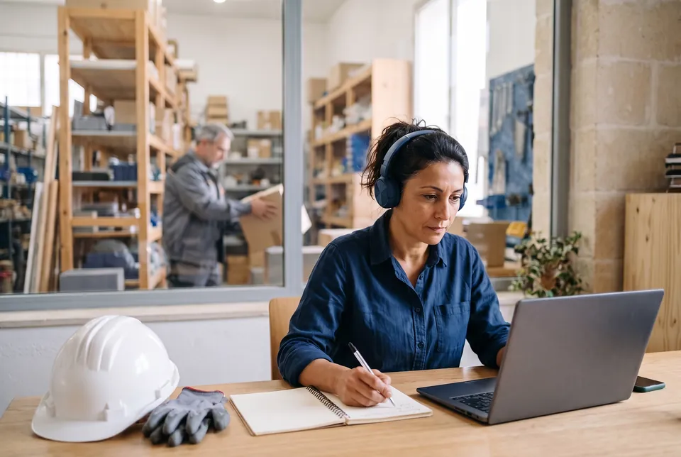 Immagine generata con IA: in un piccolo ufficio di un’azienda una dipendente segue al portatile un corso online sulla sicurezza, con le cuffie, accanto a un casco da cantiere e a un paio di guanti da lavoro.