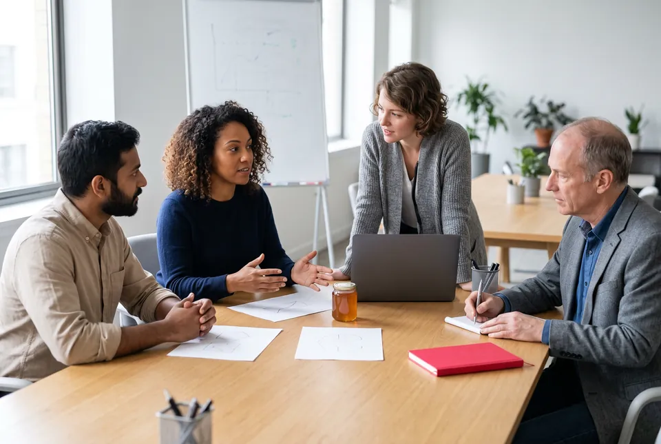 Immagine generata con IA: attorno a un tavolo tre giovani adulti discutono un'idea d'impresa con un consulente che ascolta e prende appunti.
